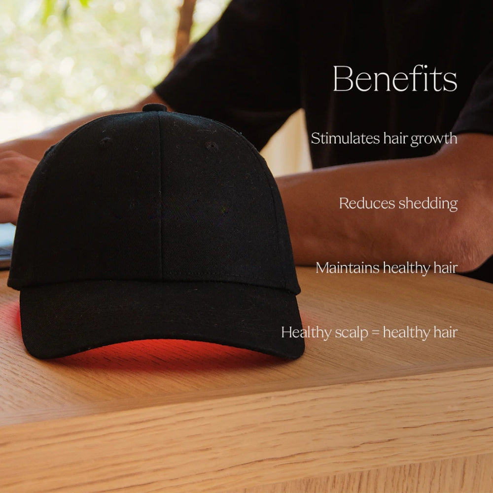 Black cap on a wooden surface with text listing benefits on a blurred background