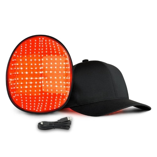 Black cap with a red LED light attachment on a white background