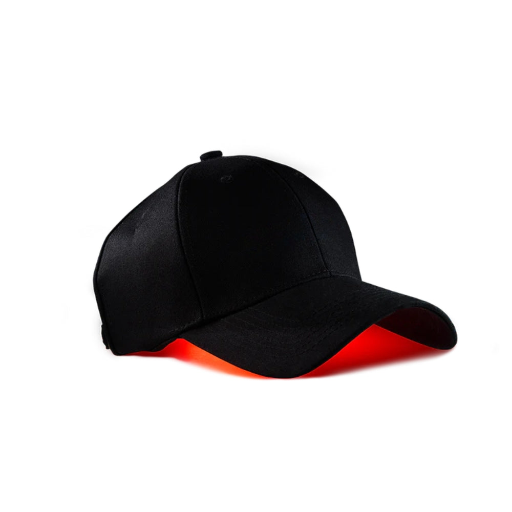 Black cap with red interior on a white background